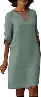 Lxitoler Women's Summer Dress Vintage Solid Color Sundress Cotton Linen V-Neck Half-Sleeve Dress Light Beach Dress