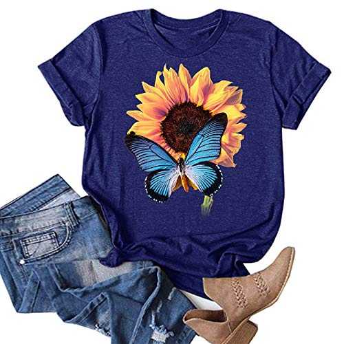 Cocila Women Vintage Floral Printed Crew Neck T Shirt Women Blouse Top Sun Flower Print Stylish T-Shirts Tech Short