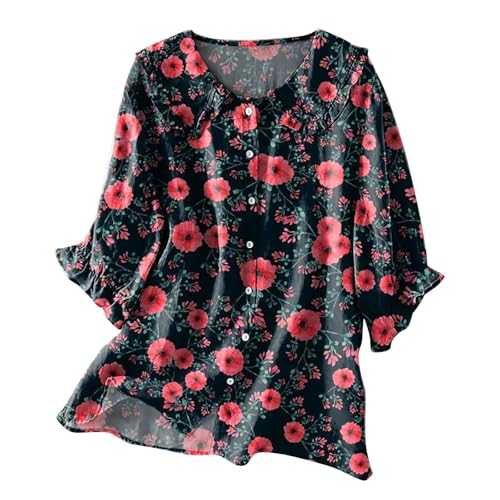 HOOUDO Linen Tops for Women UK Summer Floral Print Half Sleeve Blouses Ladies Cotton Linen T-Shirts Lapel Neck Casual Loose Blouse Pullover Tee Top Plus Size