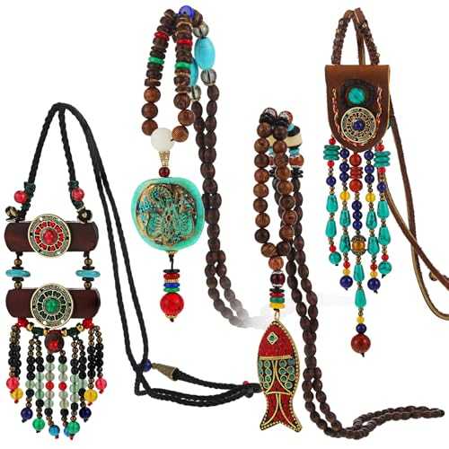 4 Pieces Long Boho Necklaces for Women, Bohemian Wood Beads Pendant Vintage Beaded Necklaces Turquoise Fish Elephant Necklace Chunky Nepal Necklace for Women Girl Jewelry