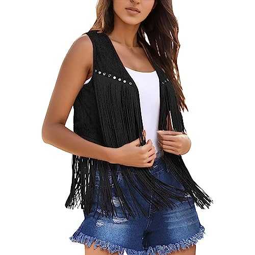 PAIDAXING Womens Tassel Vest 70s Hippie Faux Suede Rivets Cowgirl Waistcoat Sleeveless Fringe Jacket Open Front Solid Hippie Clothes Ladies Western Gilets Cardigan