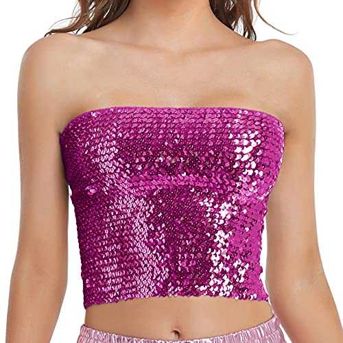 Womens Sparkly Sequin Mermaid Crop Tops, Strapless Metallic Tube Tops for Party Clubwear