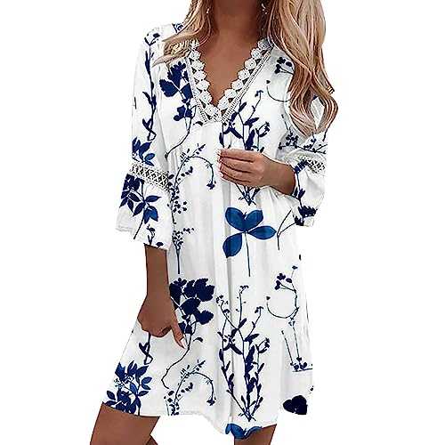 Elegant Dresses for Women Womens Casual Lace V Neck Long Sleeved Printed Dress Pretty Little Things Clothing (Blue