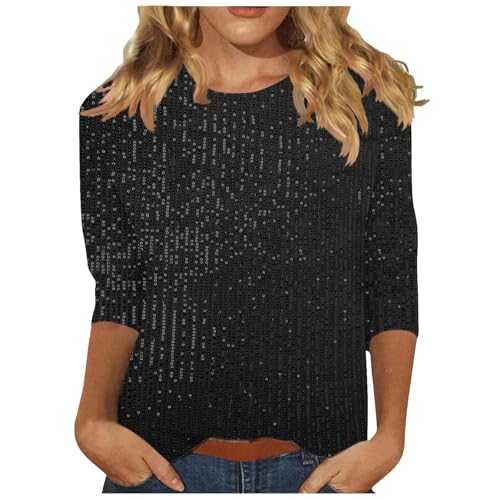 Ladies Long Sleeve Tops Sparkly Tops for Women UK 3/4 Sleeve Casual Tunic Tops Office Shirts Work Basic Pullover Tops Funny Print Tee Shirts Blouse Sportswear Tee Shirts Clearance