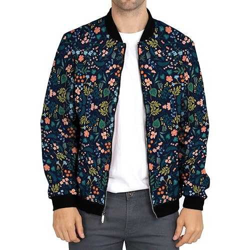 EsUkar Floral Bomber Jacket Men Broken Flowers Pattern Light Jacket Varsity Rib Knit Bomber Jacket Zip Up Summer Windproof Jacket Between Season Jacket M-3Xl