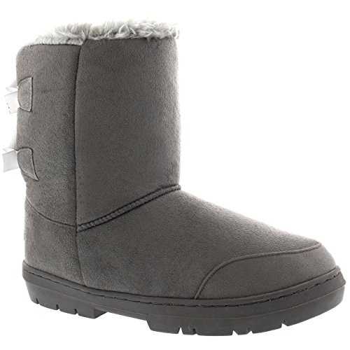 Polar Womens Two Bow Faux Fur Waterproof Rain Winter Snow Boots - Warm & Comfortable For Outdoor Walking - Grey PL0237/UK6