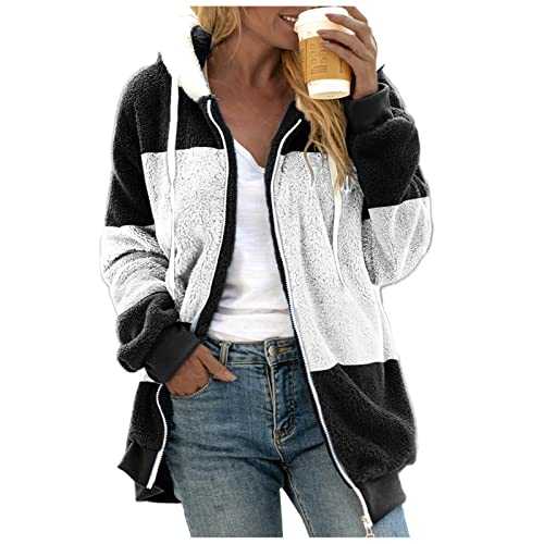 Qixiu Womens Fleece Jacket Women Sweatshirt Winter Loose Solid Zipper Drawstring Long-Sleeved Jackets Full Zip Hoodie Winter Sweater Warm Longline Women Coat Outdoor Cardigan