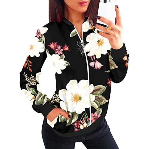 Women'S Black Denim Jacket Women Loose Coat O Neck Zipper Long Sleeve Classic Floral Print Jacket Casual Top Daily Outwear Pockets Jacket Clearance Holiday Essentials for Women Ski Jacket Womens
