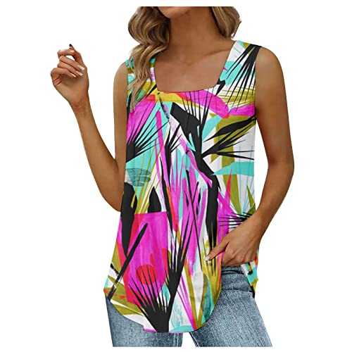 Zeiayuas Summer Tank Tops for Women Loose Fit Pleated Square Neck Curved Hem Flowy Sleeveless Tops Ladies Floral Print Vests Top Going Out Tops UK Sale Clearance