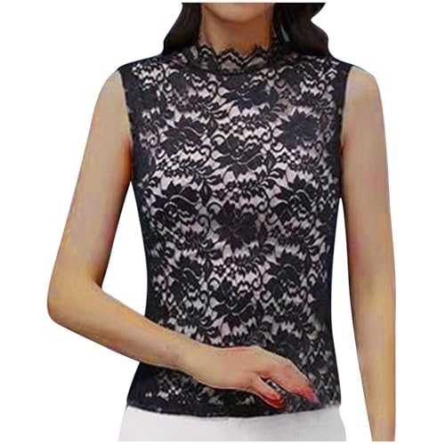 Vest Tops Women UK Sexy Lace Sleeveless Top High Neck Skinny Slim Fit Ladies Vest Tops Elegant Black Tank Top Regular Fit Women's Camisoles & Vests Basic Lounge Sexy Top Vest Skims Top Plus Size