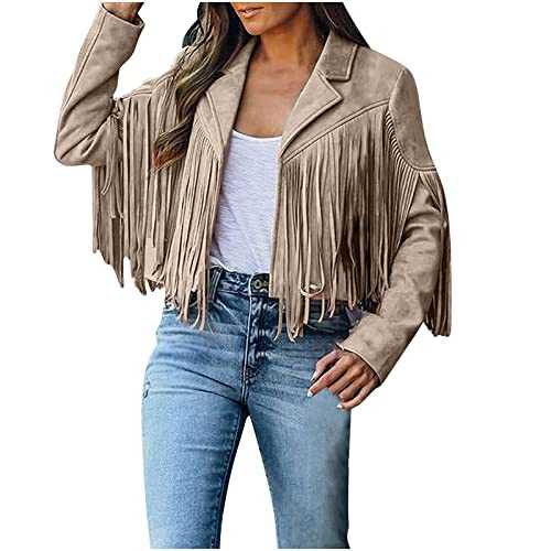 wuitopue Fringe Coat for Women Faux Suede Leather Cowboy Style Coat Long Sleeve Tassels Cardigan Coat Jacket Women Fringe Tops Cowgirl Elegant Tassels Fringe Autumn and Winter Coat Sale Clearance
