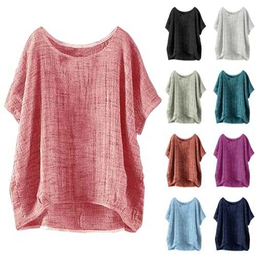 Nuaoxyeu Women Tunic Tops Plus Size Linen T Shirts Loose Short Sleeve Blouse Lightweight Boat Neck Pullover Tops Solid Color Baggy Tee Tops Spring Summer Going Out Shirts Clothing