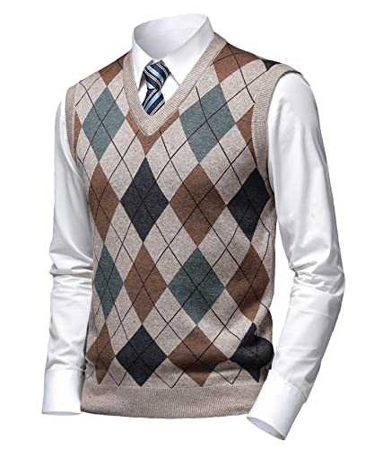 Men's Thick Argyle Sweater Vests Classic V-Neck Knitwear Jumper Waistcoat Wool Blend Sleeveless Cardigan with Buttons Warm Plaid Tank Tops Autumn Winter