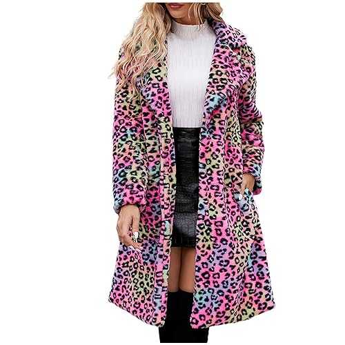 wuitopue Leopard Print Jackets For Women UK Faux Fur Long Sleeve Coat Autumn and Winter Warm Fluffy Soft Lightweight Plus Size Jacket Thick Coat Ladies Lovely Classic Thick Coats Tops