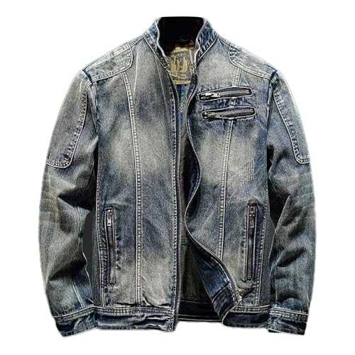 UIKIFY Men's Vintage Zip Jean Jacket Stand Collar Zip Bomber Denim Jacket Lightweight Classic Jean Coat Motorcycle Denim Coat for Men Heavy Duty Cowboy Jackets Zipper Jeans Outwear