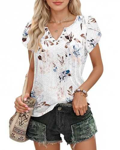 WNEEDU Ladies Tops Petal Short Sleeves T-Shirts V Neck Top for Women UK Casual Blouse Eyelet Embroidery
