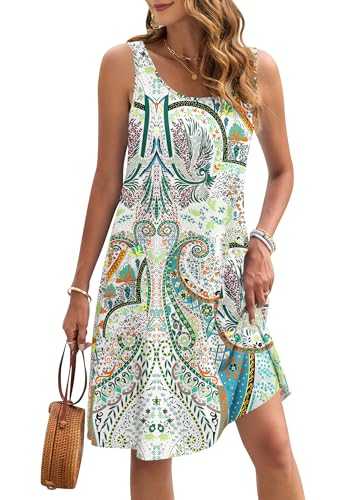 AUSELILY Summer Dresses Women UK Sleeveless Midi Women Casual Beach Dresses Light Swing Tank Dress with Pockets