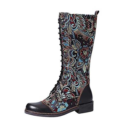 COVIDI Ladies Wide Fit Calf Length Boots Lace Up Ankle Boots Embroidered Vintage Boots Motorcycle Boots Ethnic Style Women's Boots Long Boots Shoes
