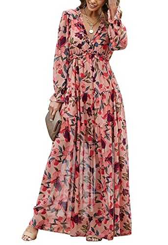 Women Bohemian Maxi Dress Chiffon Long Sleeve V-Neck Ruffle Elegant Flowy Floral Party Dress