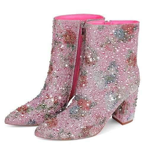 Erocalli Rhinestone Boots for Women Ankle Boots Sparkly Glitter Chunky Heel Hot Dressy Party Prom Date