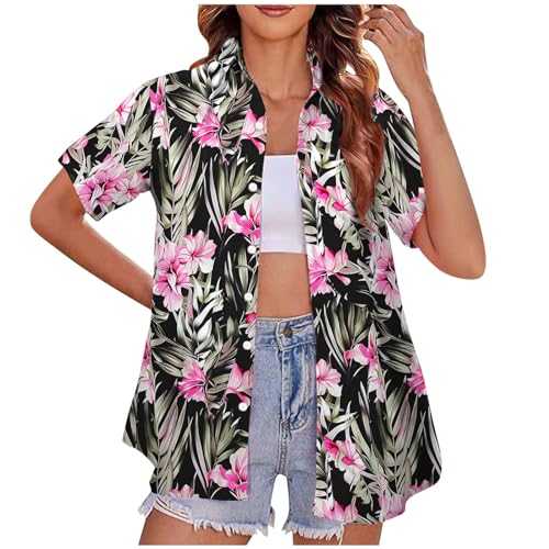 NZYIHAO Hawaii Shirt Women's Summer Blouse Beach Shirt with Buttons Flowers Print Hawaiian Shirt Casual Tops Short Sleeve Lapel Shirt Blouse Lightweight T-Shirt Loose Tops Comfortable T-Shirt Long