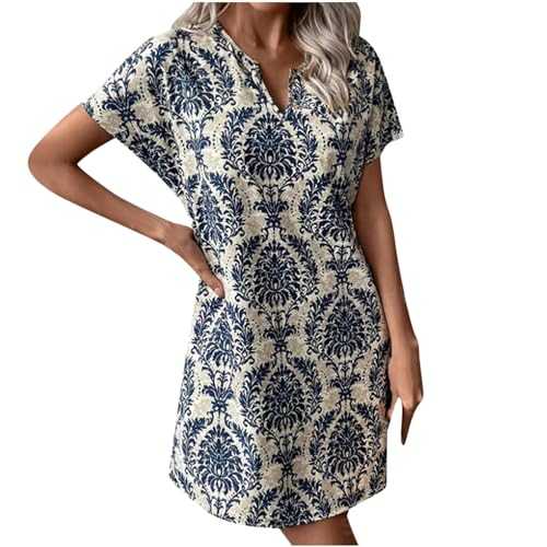 Casual Dress for Women UK Clearance Vintage Floral Midi Dresses V Neck Short Sleeve Tunic Dress Casual Summer Loose Sundress Party Beach Boho Knee Length Dress T Shirt Tunic Dresses