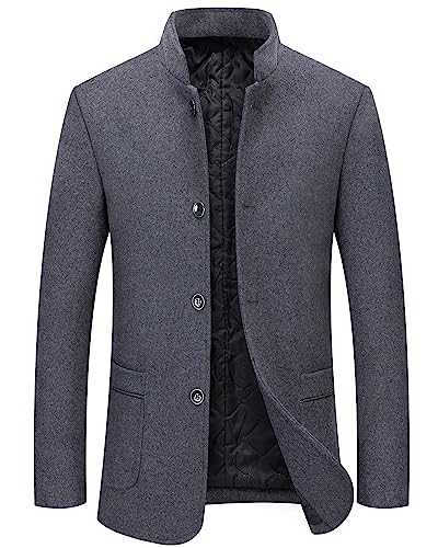 KTWOLEN Men's Wool Coat Stand Collar Short Trench Coat Winter Padded Casual Jacket Slim Fit Woolen Coat Windproof Business Jacket