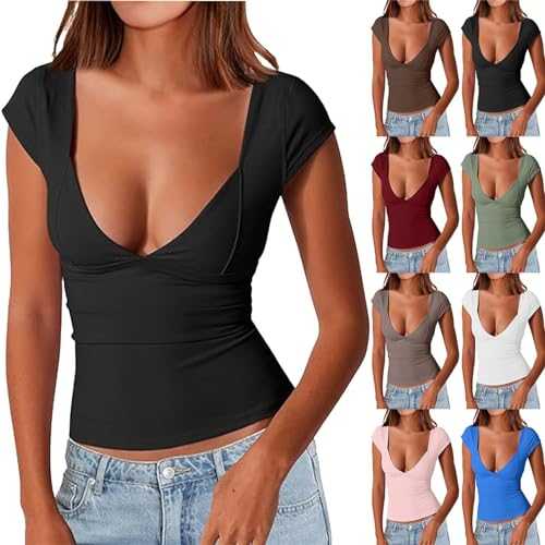 FNKDOR Women's T-Shirts Deep Sexy V Neck Short Sleeve T Shirts Backless Top Double Lined Tee Seamed Cup Going Out Blouse Hide Sweat White Crop Tops for Women White T Shirt