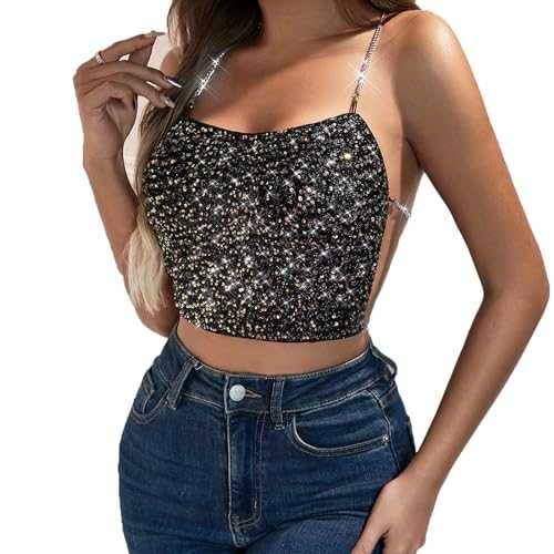 Womens Glitter Sequin Halter Crop Tops Sexy Low-cut Sleeveless Backless Sparkly Chain Cami Top Tank Night Club Glitter Vest Top Harness Body Chain Casual Beach Clubwear Rave Music Festival Outfit Top