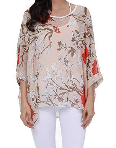 OUKIN Womens Floral Loose Batwing Sleeve Bohemian Sheer Chiffon Oversize Off Shoulder Blouse Tunic Tops