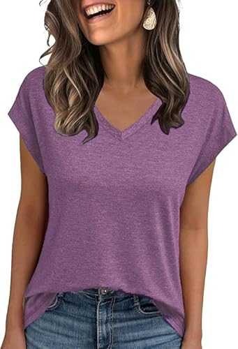 Cnlinkco Womens Tops Summer V Neck T Shirts 2025 Cap Sleeve Casual Tops Trendy Beach Vacation Clothes Basics Tees