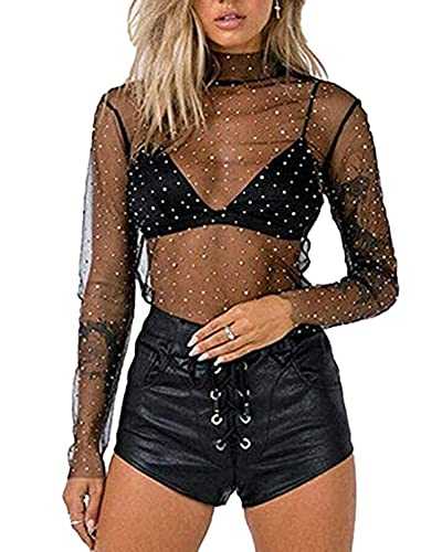 Women Sexy Sheer Mesh See-Through Tops Y2k Long Sleeve Turtleneck Sparkle Tee Blouse Tops Clubwear