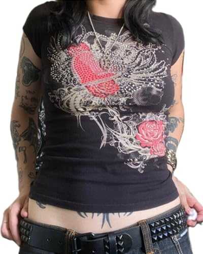 Women's Summer Graphic Tops Casual Short Sleeve Crew Neck Skull Crop Tops 90s E-girls Funny Gothic Grunge Baby Tee Streetwear