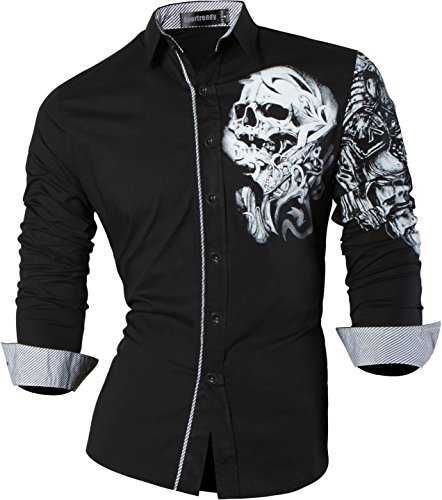 Sportrendy Men Casual Slim Dragon Tattoo Long Sleeve Button Down Dress Shirt JZS041