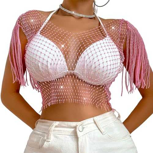 Achlibe Women's Mesh Tank Tops Diamond Hollow Out See Through Tassel Tops Club Rave Outfit Glitter Rhinestone Halter Tank Top