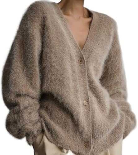 XHHPJ Women's Fuzzy Mohair Sweater Button Down V Neck Long Sleeve Knit Tops Casual Lightweight Cardigan Jackets