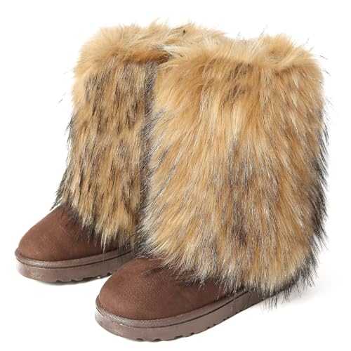 Snow Boots For Women Faux Fur Fashion Fluffy Furry Suede Boots Round Toe Mid-Calf Warm Winter Boots Flat Shoes Outdoor