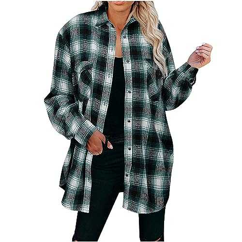 Women's Plaid Shirts Autumn Winter Casual Plaid Checked Long Shirts Plug Size Fleece Jackets Button Down Long Sleeve Shirts Oversized Casual Comfortable Blouse Tops with Pockets