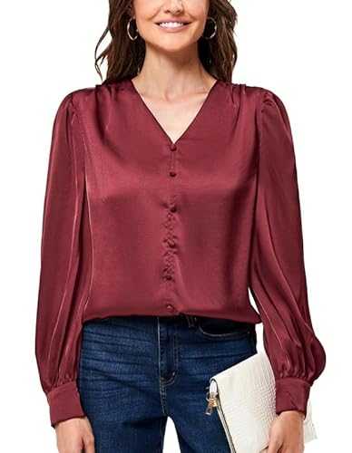 JASAMBAC Satin Blouse for Women Long Sleeve Tops with Decorative Buttons Ladies Evening Tops Going Out Tops Vitange Silk Tops Office Wear Party Tops Work Shirt Business Tops
