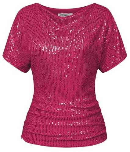 GRACE KARIN Women 2024 Summer Sequin Top Cowl Neck Batwing Sleeve Ruched Sparkly Glitter Party Blouse