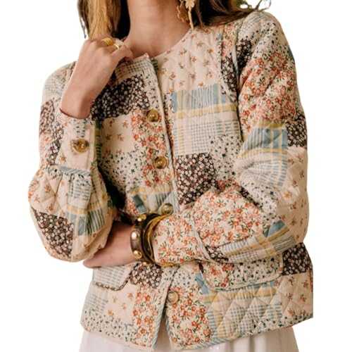 Women Fall Quilted Jacket Lightweight Floral Print Casual Long Sleeve Button Cardigan for Outwear Streetwear