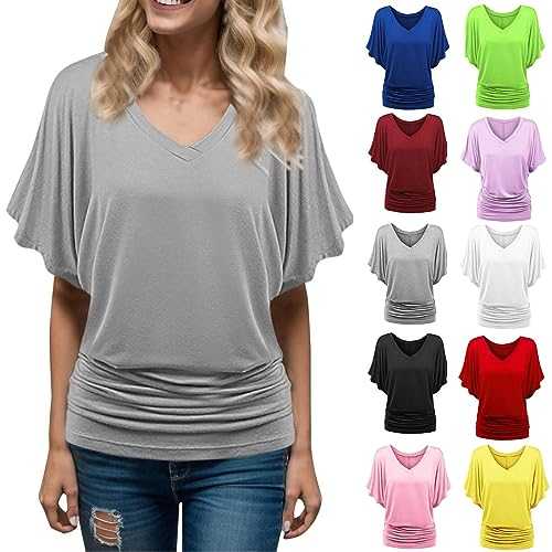 Batwing Tops for Women UK V Neck Short Sleeve Ruched Hem Stretch T Shirts Summer Dressy Casual Blouse Ladies Loose Fit Oversized Tunic Tops Fashion Plus Size Solid Color Longline Tees with Pocket