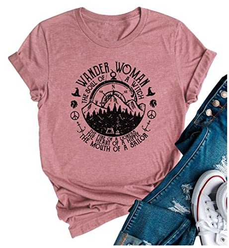 Wander Women Mountain Camping T-Shirt Summer Camping Hiking Vacation Shirts Teen Girls Funny Forest Camper Tees Tops