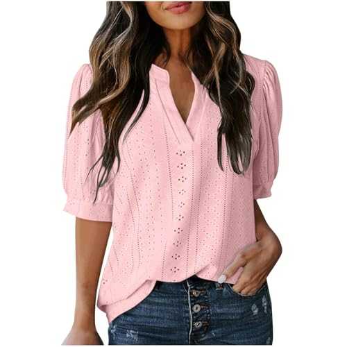 Womens T Shirts Tops UK Clearance, Summer Casual Top Short Sleeve Tee V Neck Button Court Lock Hollow Solid Colour Tunic Basic Comfy Loose Pullover Ladies Fashion Blouses UK Sale Going Out Shirt