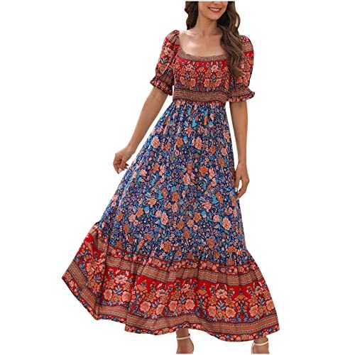 Summer Dresses for Women UK One-line Shoulder Short Sleeve Casual Cascading Frilly Bohemian Print Party Beach Dress Ladies Trendy Tunic Dresses for Vacation Cocktail Formal Work Wedding Activewear