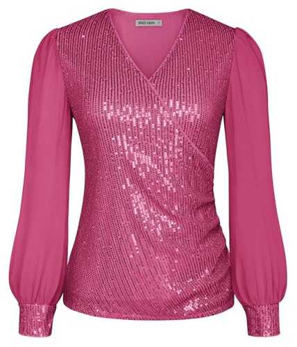 GRACE KARIN Women’s Sequin Top Long Lantern Sleeve V-Neck Wrap Sparkly Party Blouse for Evening