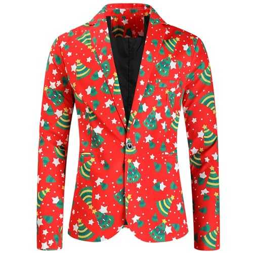 Szshaoye Mens Christmas Suit Jacket Tuxedo Slim Fit Holiday Shawl Lapel Costume Xmas Fun Suit Jacket Santa Print Suit Coat