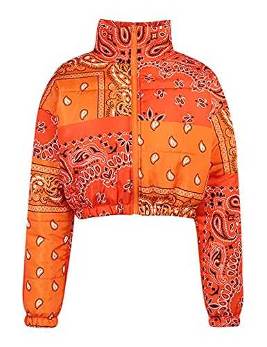 Arssm Women's Y2K Quilted Puffer Jacket Winter Bandana Print Full Zip Long Sleeve Warm Crop Bubble Coats