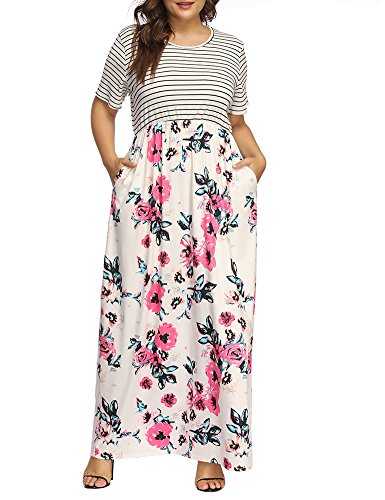 Allegrace Women's Plus Size Floral Print Striped Patchwork Maxi Dress Short Sleeve Long Dresses