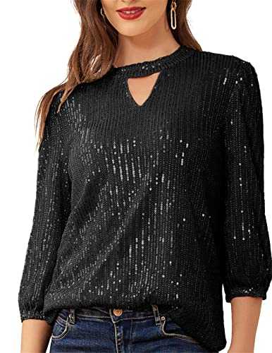 JASAMBAC Women's Sparkle Sequin Tops Shimmer Glitter Keyhole Neck Party Dressy Tops